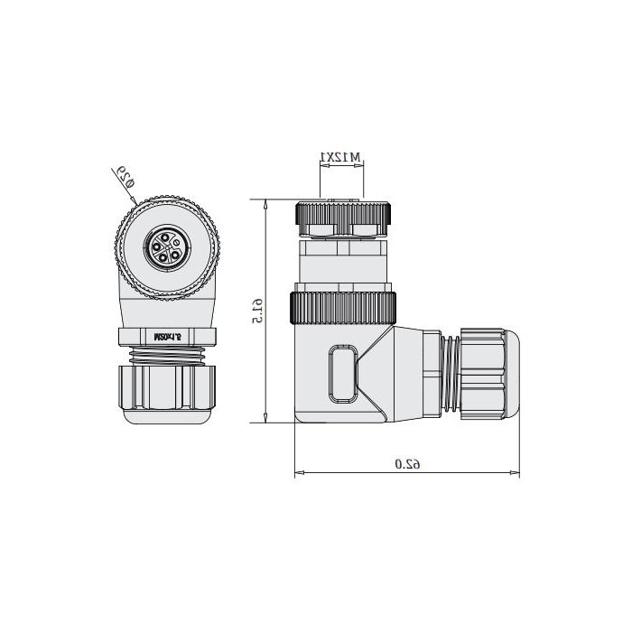 M12  5Pin、L-coded、母头90°、螺钉连接、64L003